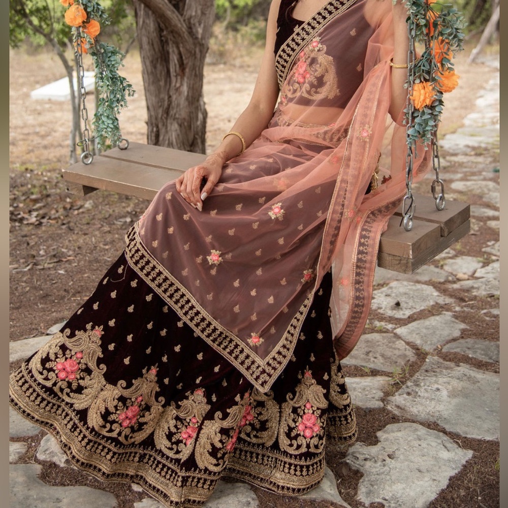 Dark burgundy velvet bridal lengha